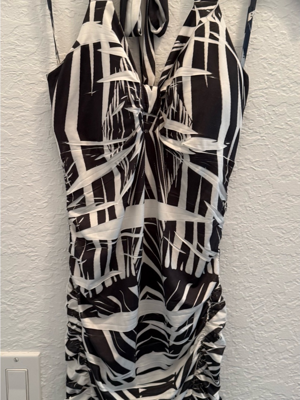 Ruched Black and White Halter Mini Dress